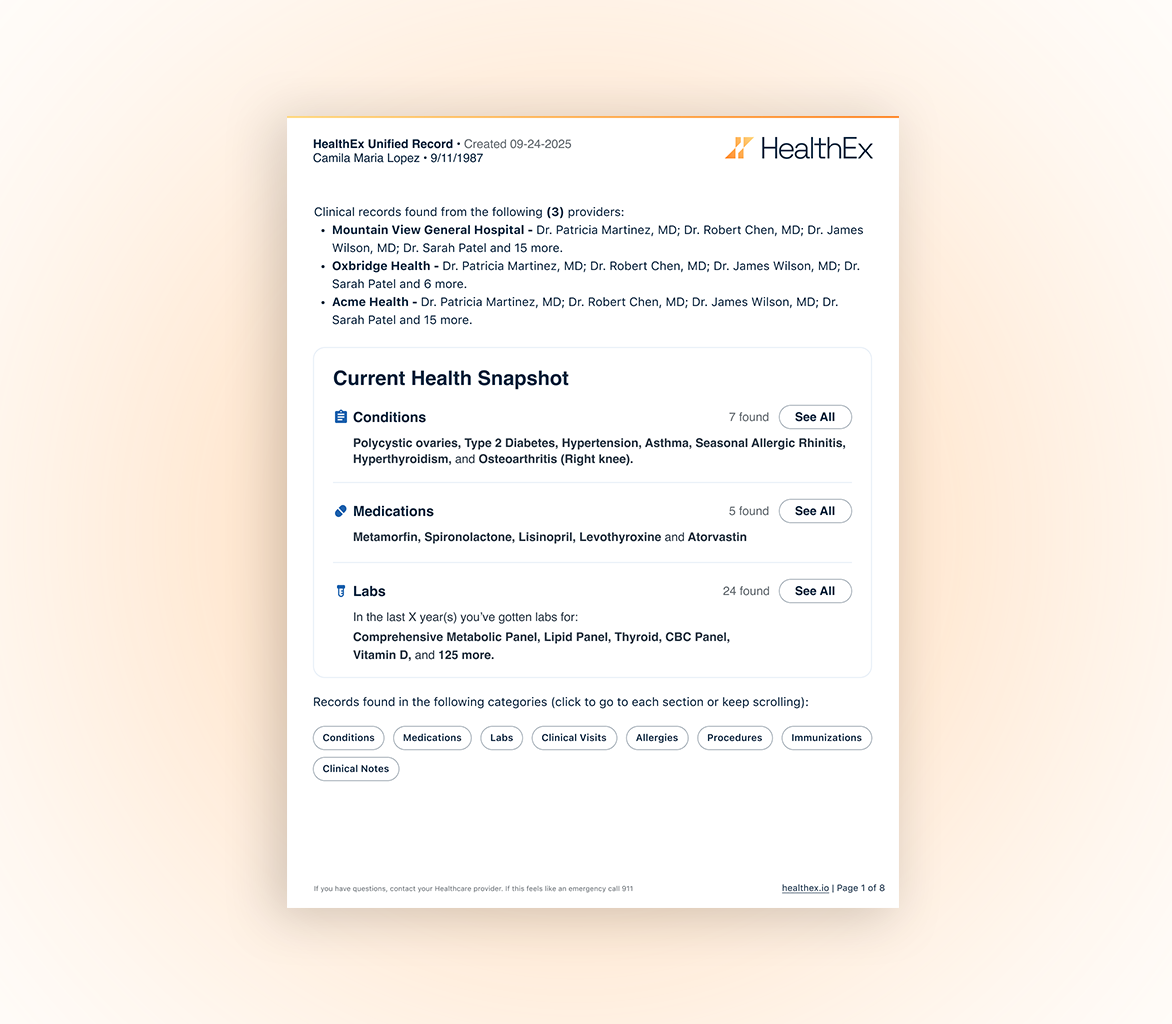 Page one of the consolidated medical records PDF, showing the summary snapshot and category navigation