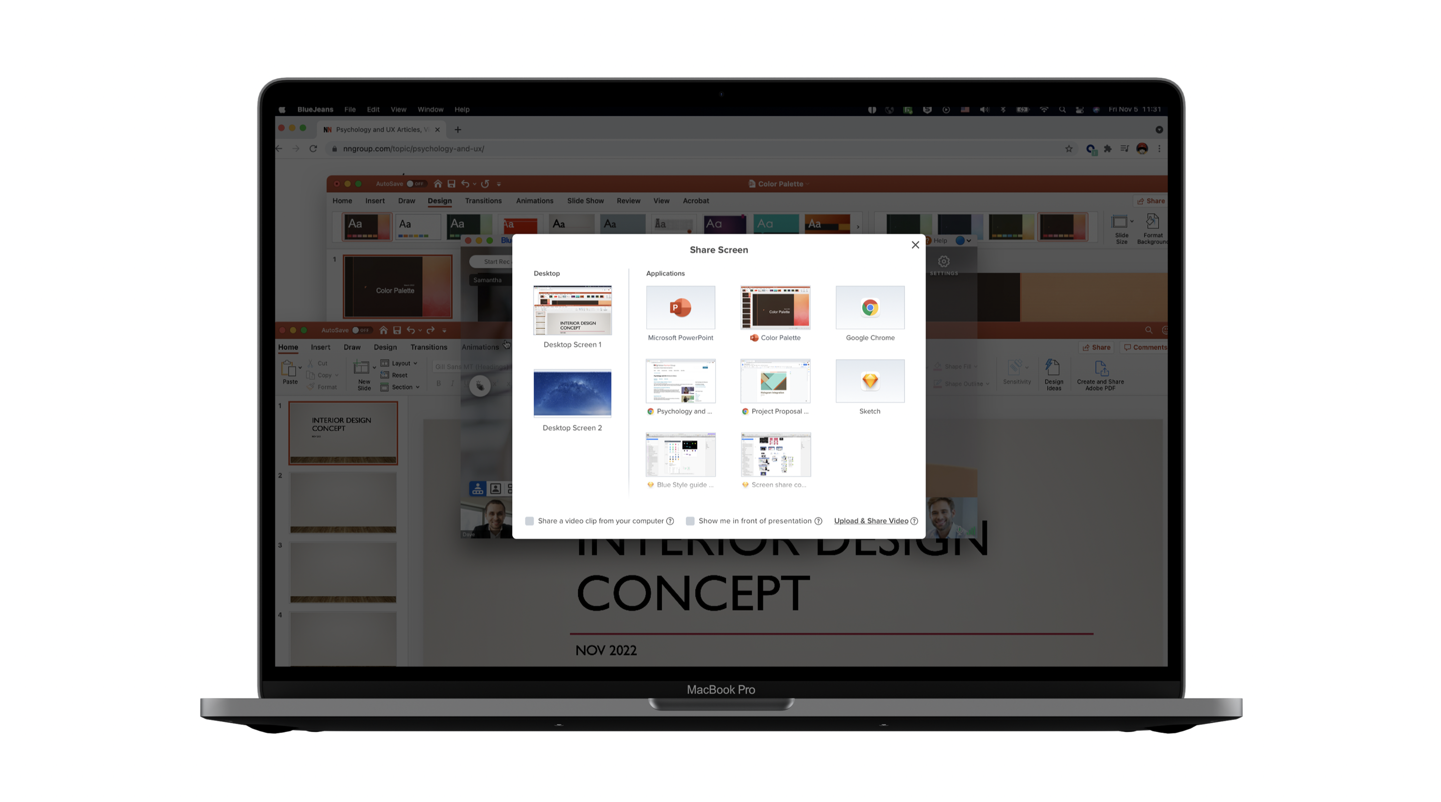 Screen share dialog — options to share a window, application, or full screen