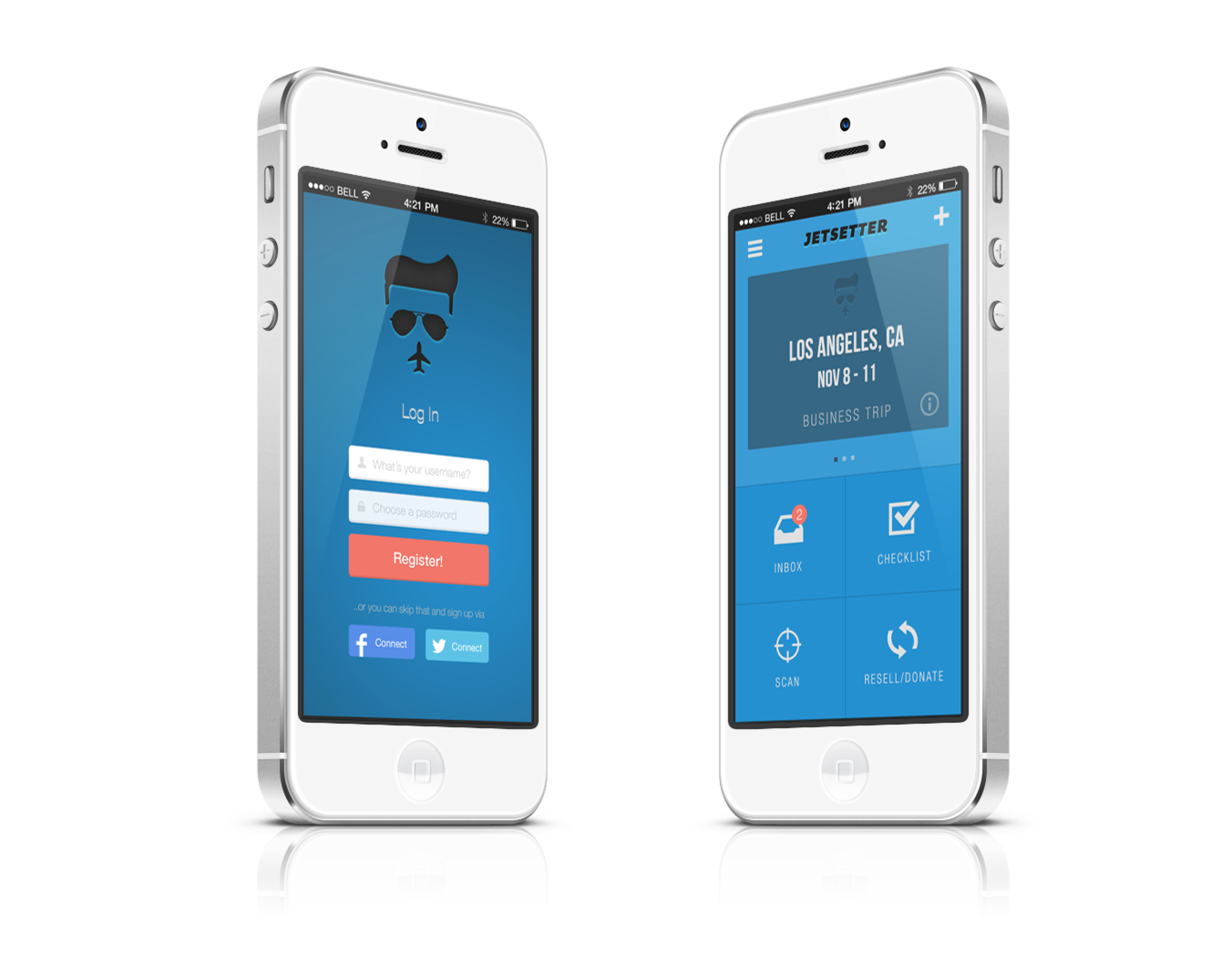 Jetsetter sign-up flow and trip dashboard showing upcoming trips and item categories